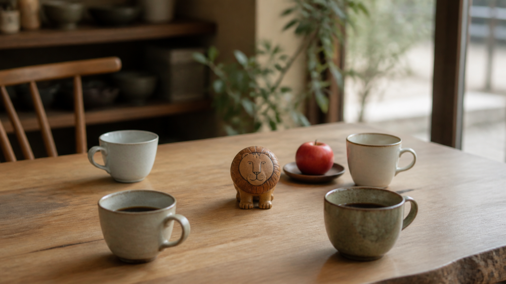 朝のカフェで、4つのコーヒーカップに囲まれた小さなライオンの置物とリンゴ